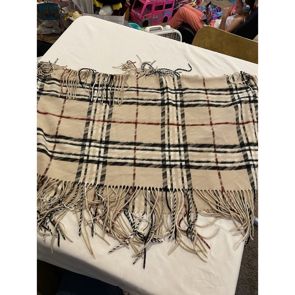 V. Fraas Cashmink Infinity Scarf Plaid Check Beige Black‎ Red Fringe Germany
